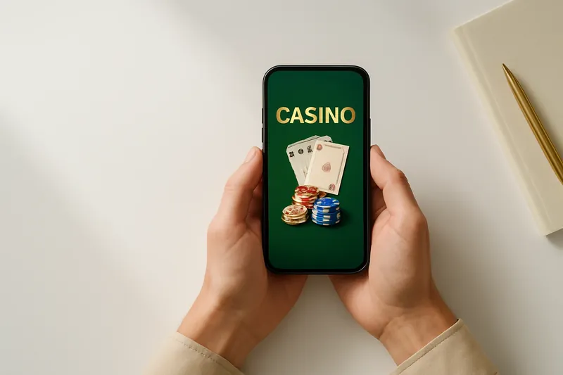 Hands holding phone with casino app above clean white desk