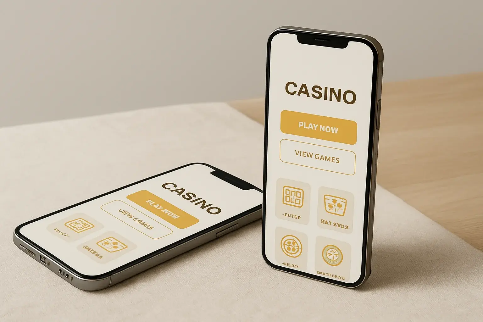 Two smartphones displaying a clean light casino app on white surface