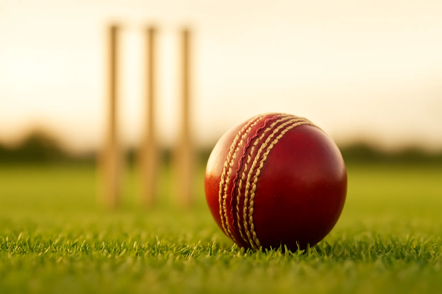 Red cricket ball on mown grass with stumps at dusk