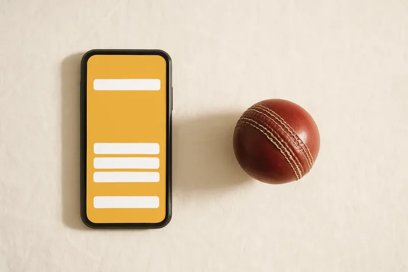 Smartphone with betting app beside cricket ball on white background