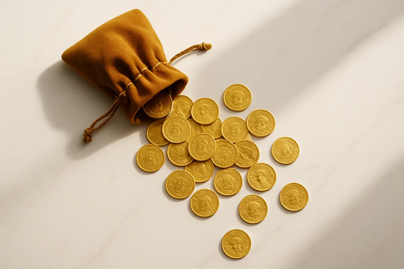 Golden coins spilling from velvet pouch on white marble surface