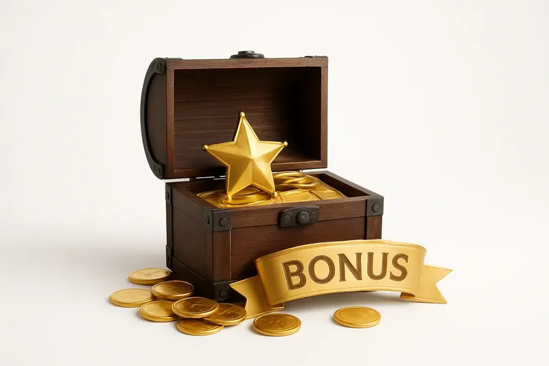 Open treasure box spilling gold coins with bonus badge and ribbon