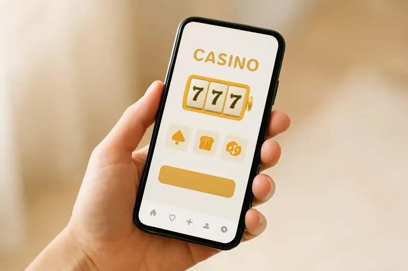 Hand holding smartphone with clean light casino app interface