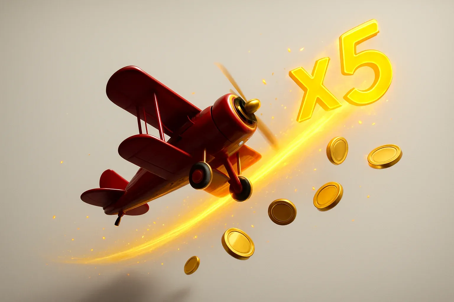 Red airplane climbing with glowing multiplier trail, coins, and sparks