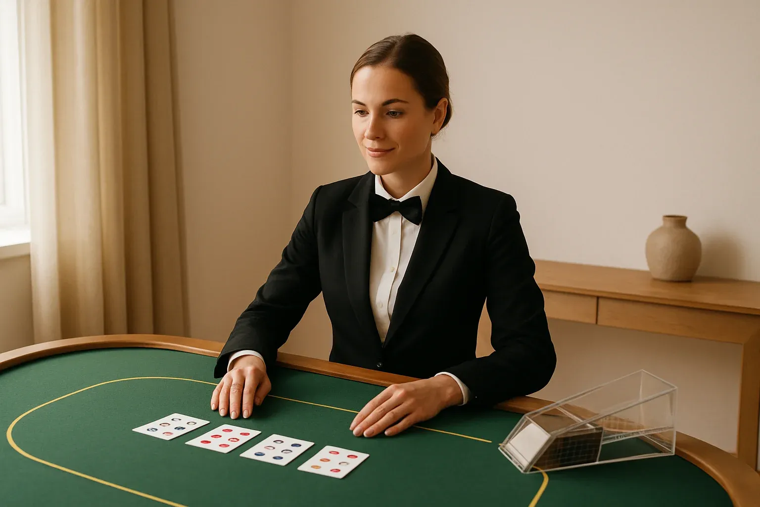 Professional female dealer at elegant live baccarat table in casino