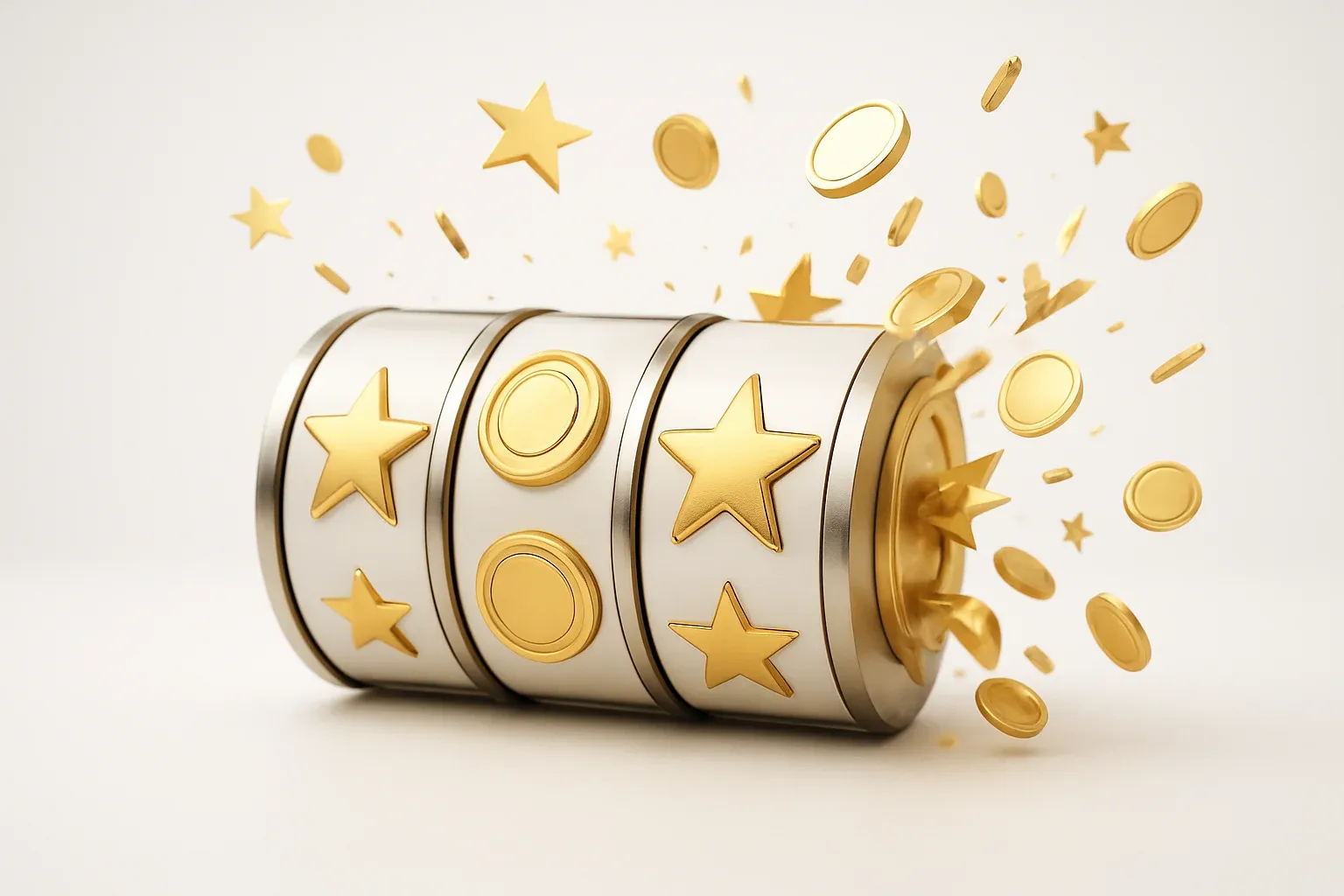 Colorful slot machine reels with gold symbols, coins, and exploding stars